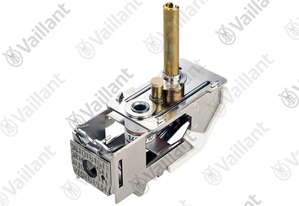 Vaillant Wählbegrenzer mit metallischem Gehäuse, mehreren Anschlüssen und einer vertikalen Metallstange zur Temperatur- oder Druckregelung.